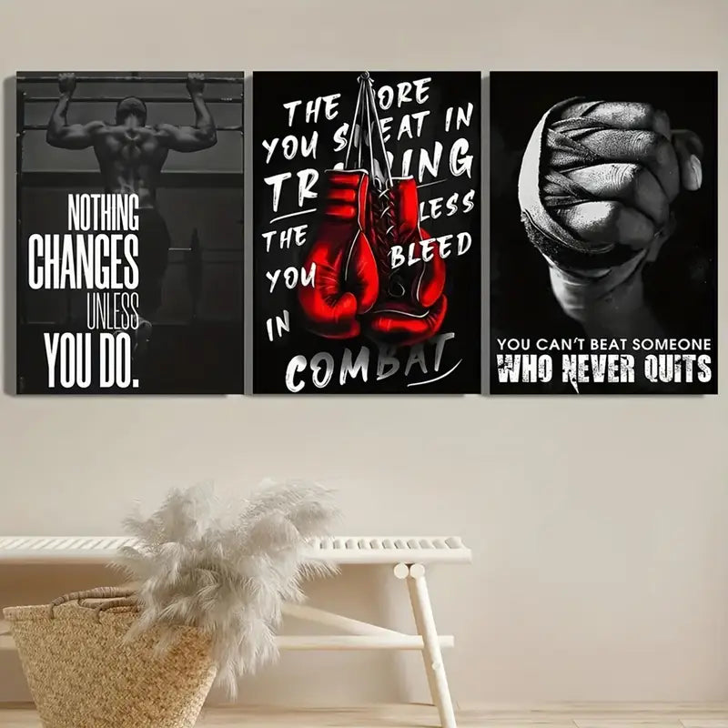 3-Piece Sports Wall Décor – Boxing Motivational Quote Prints, Athletic Black & White Art (8x11 Inches Each)