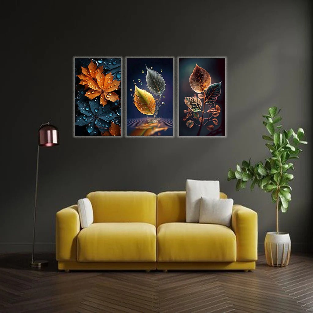 3 Piece Autumn Leaf Wall Art Set | Modern Botanical Canvas Prints (8x11)