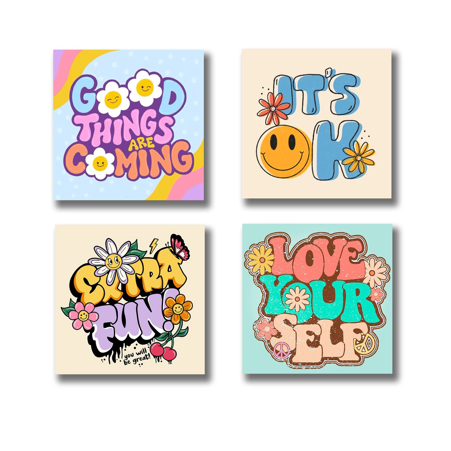 Pack of 4 Colourful Motivational Words Pictures Wooden Frames 8 by 8 inches Size for Kids and girls Room Wall Art Decoration / Sticky Phototiles