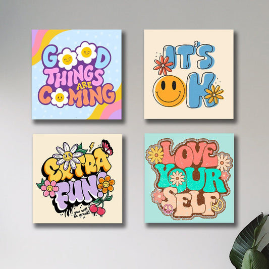 Pack of 4 Colourful Motivational Words Pictures Wooden Frames 8 by 8 inches Size for Kids and girls Room Wall Art Decoration / Sticky Phototiles