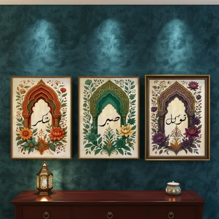 Tawakkul | Sabar | Shukar Wooden Sticky Wall Art – 3 Piece Islamic Motivational Frame Set, 8x11 inch Each with Easy Sticky Tape Installation