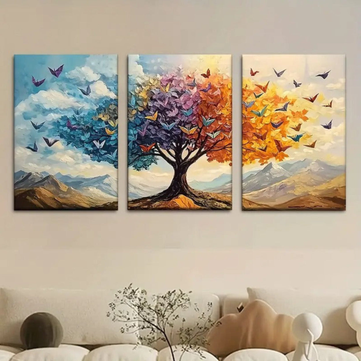 3 Piece Colorful Tree of Life Canvas Wall Art | Butterfly Triptych Painting