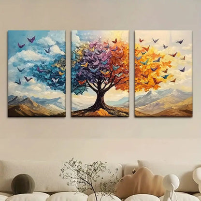 3 Piece Colorful Tree of Life Canvas Wall Art | Butterfly Triptych Painting