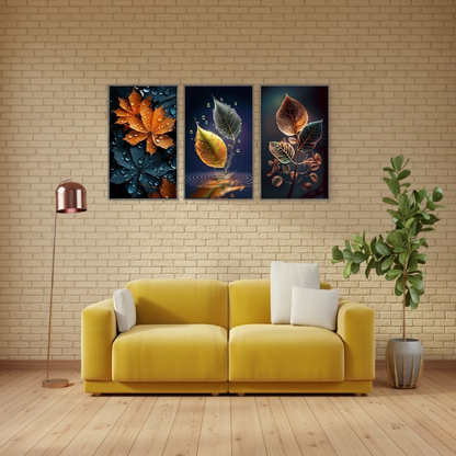 3 Piece Autumn Leaf Wall Art Set | Modern Botanical Canvas Prints (8x11)