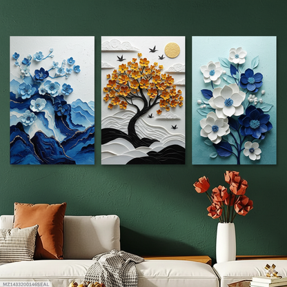 3 Piece Layered Floral Wall Art Set | Modern Blue & Gold Wooden Panels