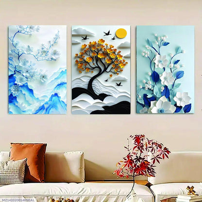 3 Piece Layered Floral Wall Art Set | Modern Blue & Gold Wooden Panels