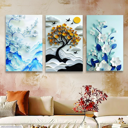 3 Piece Layered Floral Wall Art Set | Modern Blue & Gold Wooden Panels