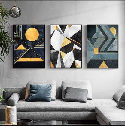 Modern Abstract Wall Art Set – 3 Wooden Frames (8x11”) with Geometric Gold & Black Designs | Easy Wall Mounting with Double Tape