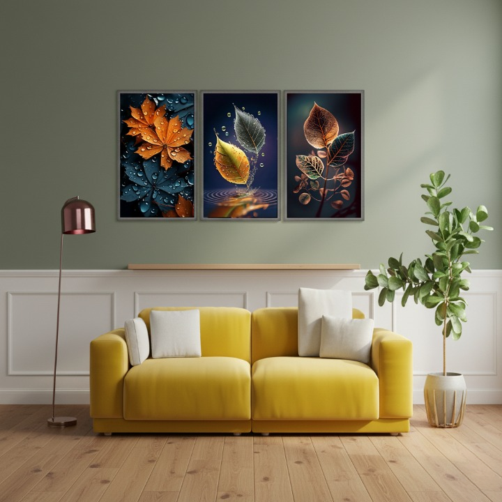 3 Piece Autumn Leaf Wall Art Set | Modern Botanical Canvas Prints (8x11)