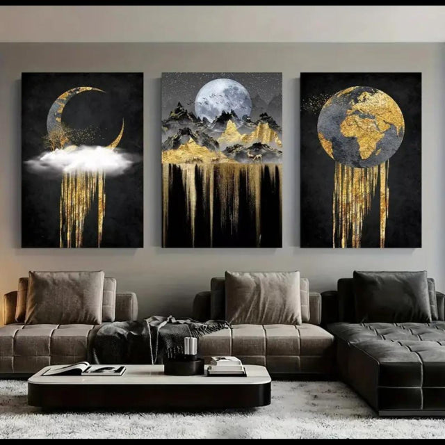 Set of 3 Wooden StickyTile Frames 8x11 – Black & Gold Wall Art with Moon, Mountains & Globe + Double Tape Included