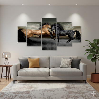 Dramatic Horse Battle 5-Panel Canvas Wall Art | Large 24*48Inches