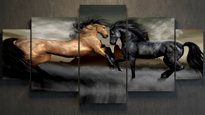 Dramatic Horse Battle 5-Panel Canvas Wall Art | Large 24*48Inches