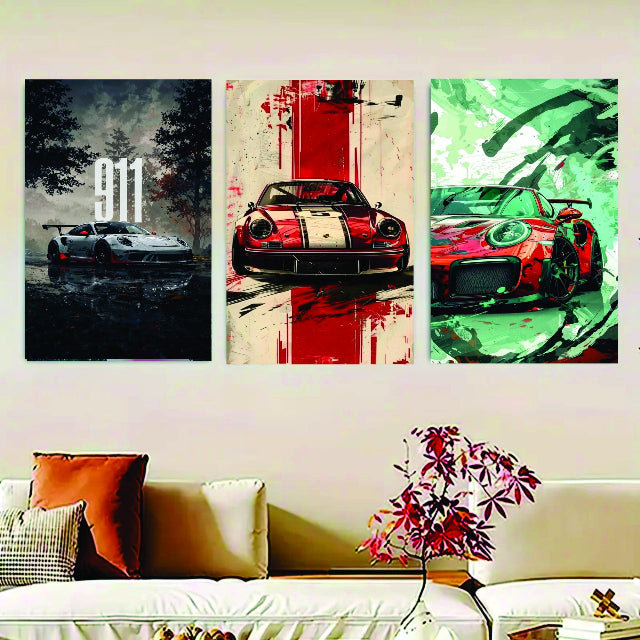 Set Of 3, Luxary Cars Wall Art Photo Canvas Wooden Tile Frame