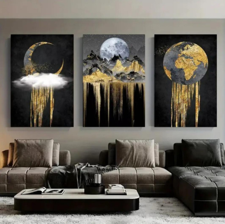 Set of 3 Wooden StickyTile Frames 8x11 – Black & Gold Wall Art with Moon, Mountains & Globe + Double Tape Included
