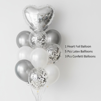 Silver Heart & Confetti Balloon Bouquet Kit (9 Pcs) for Parties/HBD
